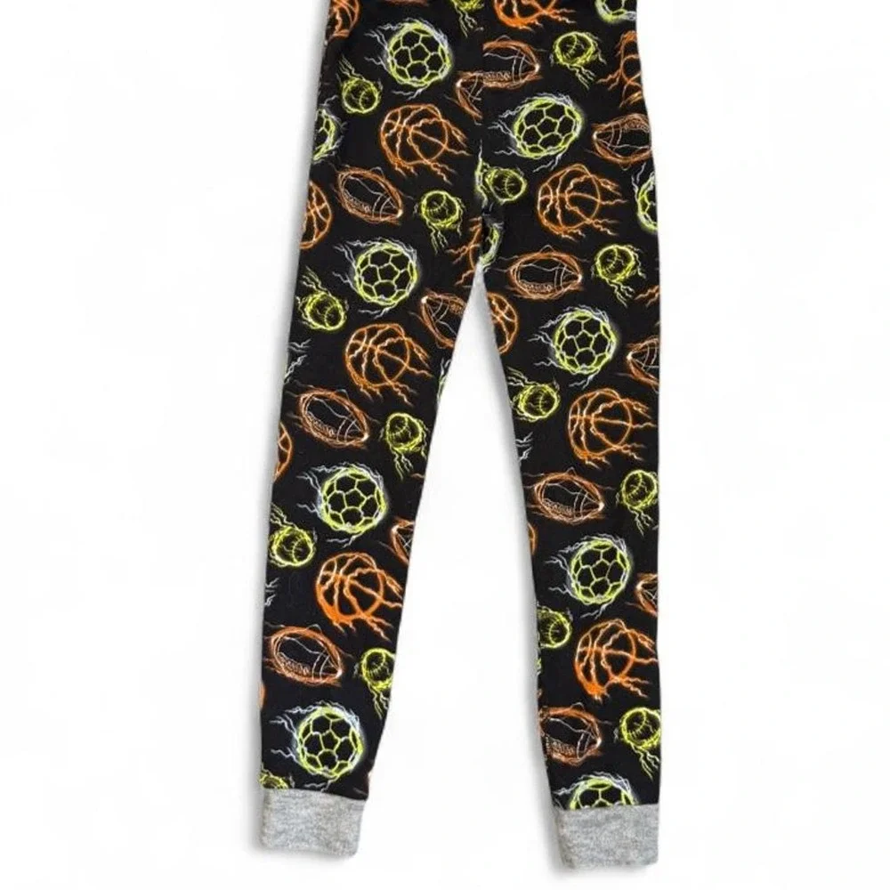 Cuddl Duds Boys Girls Size 8 Pajama Pants Black Flaming Sports Soccer BasketBall